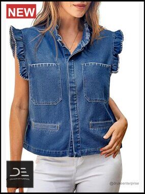 Cropped Denim Vest Ruffled Sleeve Sleeveless Button Front Jean Jacket